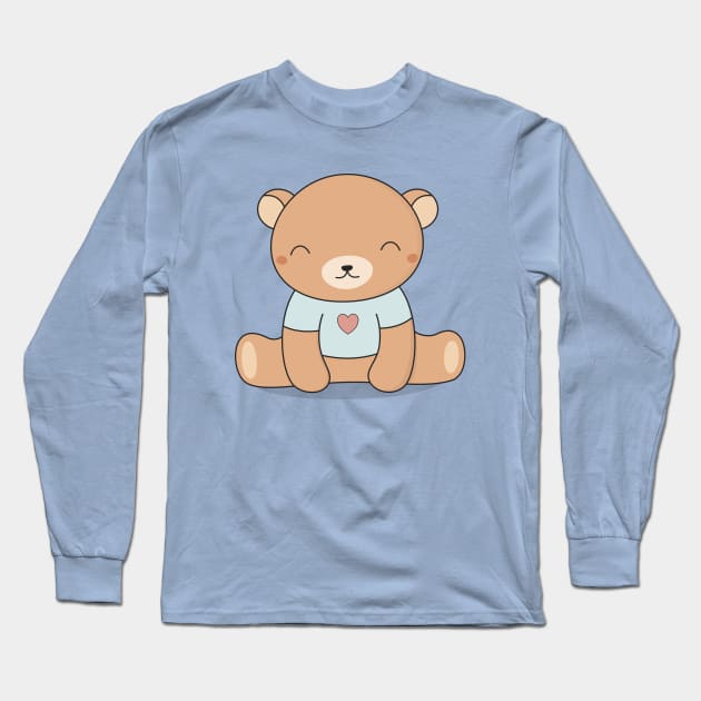 Kawaii Cute Brown Teddy Bear Long Sleeve T-Shirt by wordsberry